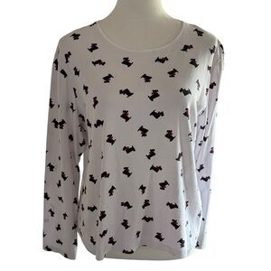 Croft&Barrow White Long-Sleeve Scoop Neck Top with Black & Red Scottie Dog Print
